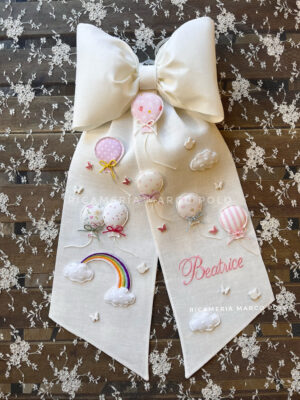 Palloncini e arcobaleno rosa Fiocco nascita lino panna