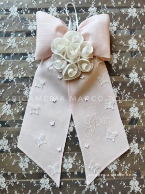 Fiocco Seven lino rosa, con rose panna