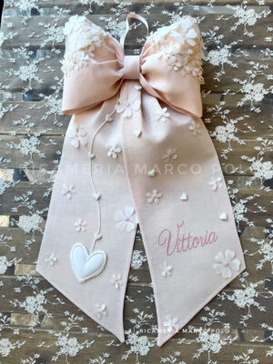 Fiocco nascita lino rosa cipria cuore e fiori