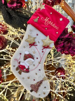 Bimba con palloncini, Calza Natalizia panna e rossa