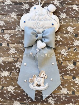 Nuvola + Fiocco Nascita celeste. Cavalluccio e palloncini