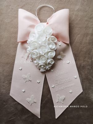Fiocco nascita lino rosa cascata rose