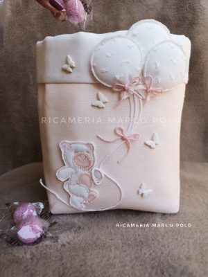 Orsetto e tre palloncini, lino rosa cipria e bianco