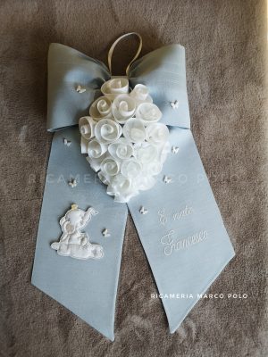 Fiocco nascita lino celeste elefante e rose