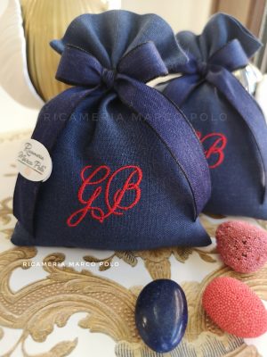 Sacchetto in lino blu, nastro 15 mm in lino blu