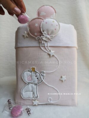Elefantino e palloncini lino rosa cipria