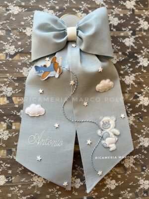 Fiocco Nascita Azzurro Aeroplano e Orsetto