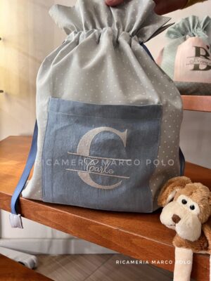 Sacca pois grigia con tasca in lino avion