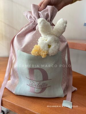 Sacca pois rosa antico con tasca in verde menta