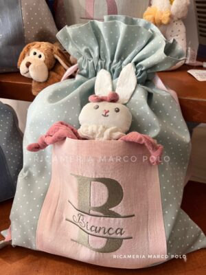 Sacca pois verde menta con tasca in lino rosa cipria