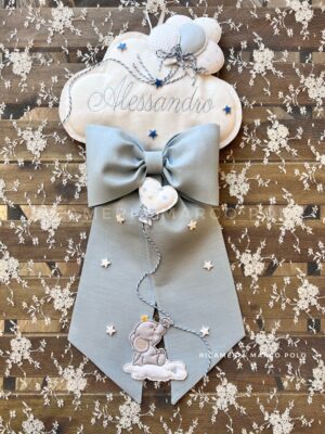 Nuvola + Fiocco nascita celeste. Elefantino e palloncini