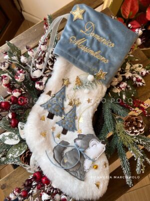 Lupetto e stelle, Calza Natalizia panna e azzurro