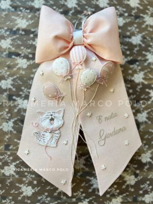 Fiocco nascita Gattino e 5 palloncini cipria
