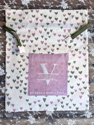 Sacca con tasca cuori verde salvia e rosa antico