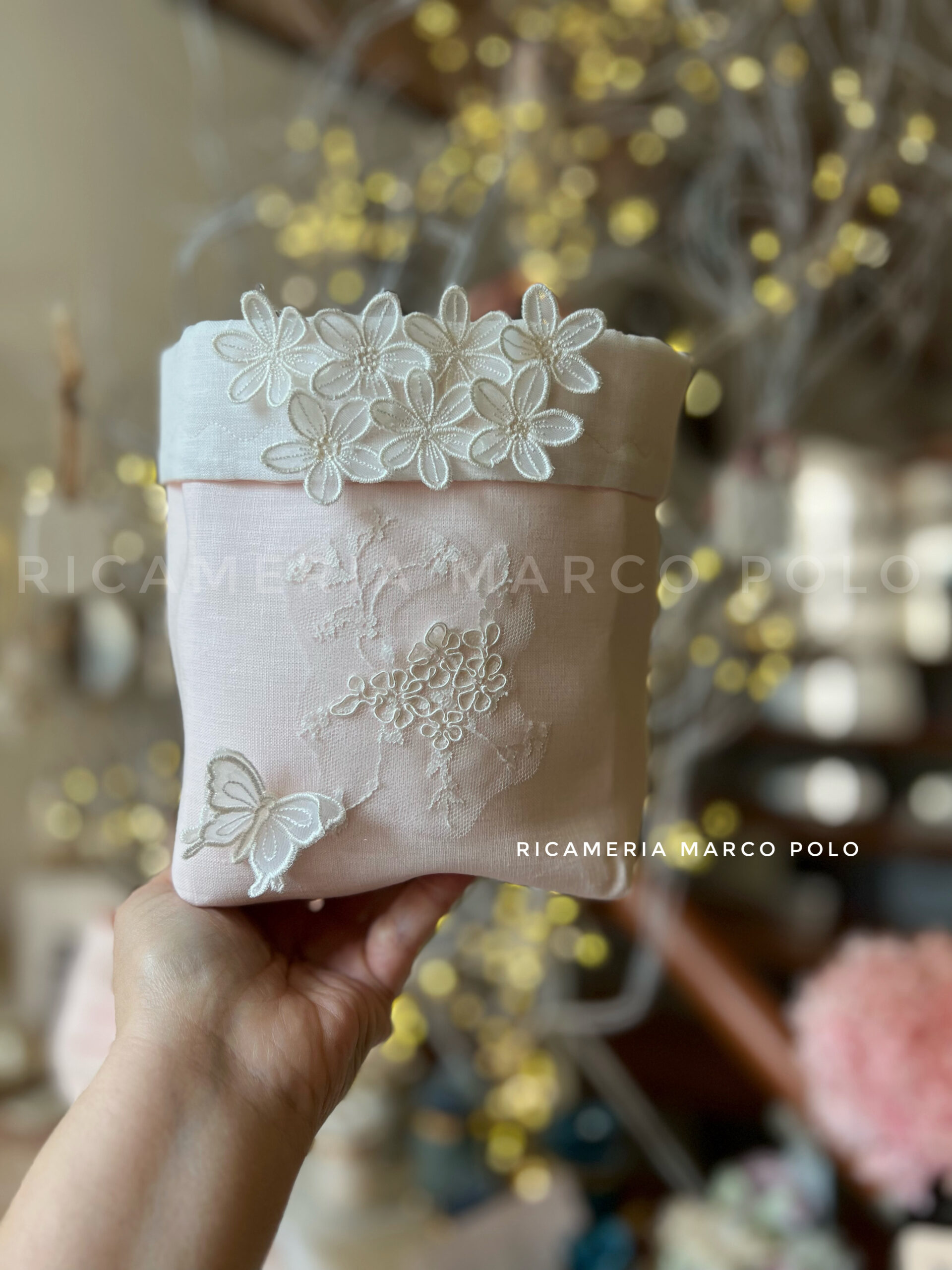Porta confetti Bimba pizzo lino rosa cipria