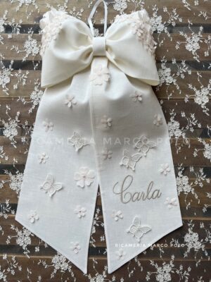 Fiocco nascita panna ricamo tortora con fiori e farfalle