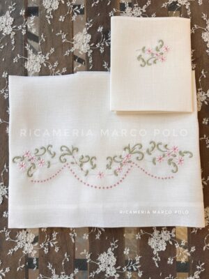 Lenzuolino Lino Panna Ricamato Con Fiorellini e Pois Rosa