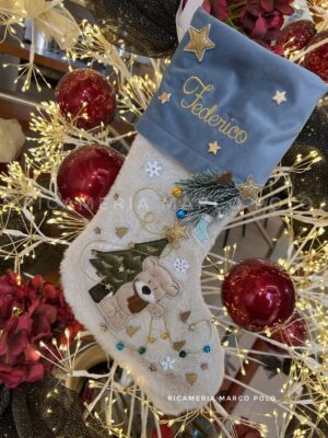 Orso Christmas tree, Calza Natalizia panna e azzurro