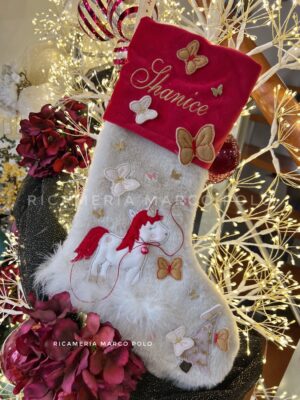 Unicorno e farfalle, Calza Natalizia panna e rossa
