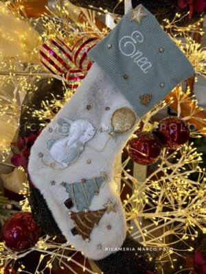 Coniglietto e palloncino, Calza Natalizia panna e verde mente