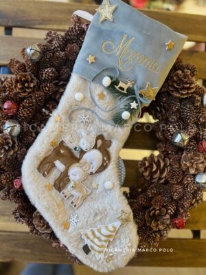 Cerbiatto mamma e 2 figli, Calza Natalizia panna e azzurra