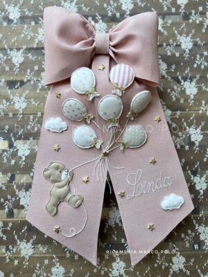 Orsetto, 7 palloncini e stelle. Fiocco lino rosa antico