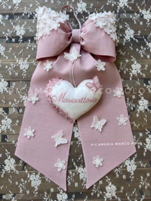 Fiocco Nascita Lino Rosa Antico Cuore e Fiori