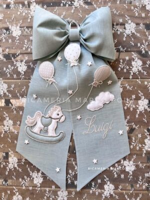 Cavalluccio 3 palloncini e stelle. Fiocco nascita lino verde menta