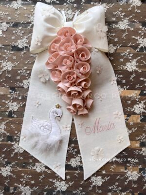 fiocco nascita lino cigno e rose cipria