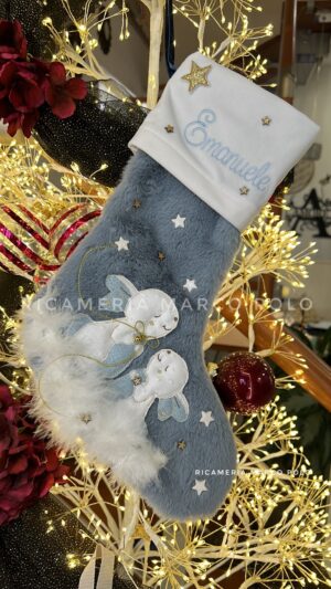 Coniglietti e stelle, Calza Natalizia azzurra e panna