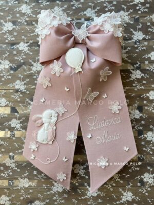 Coniglietto fiori ricamati palloncino. Fiocco Nascita lino rosa antico