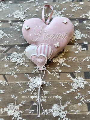 Cuore *rosa antico 3 palloncini e fiori. Fiocco nascita culla