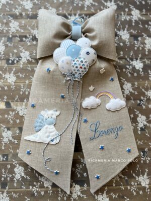 Draghetto palloncini e arcobaleno. Fiocco nascita lino tortora