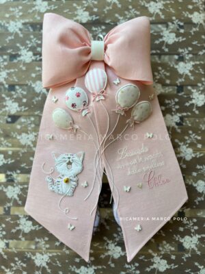 Fiocco Nascita Lino Rosa Corallo Gatto Palloncini