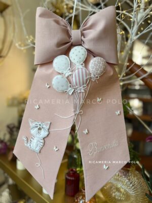 Fiocco Nascita Lino Rosa Antico Gattino e Palloncini