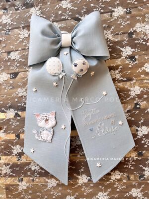 Fiocco Nascita Lino Celeste Gattino e palloncini